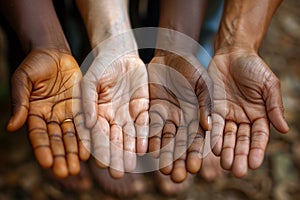 Close-up of a lot of hands of people of different races . The concept of friendship and internationalism