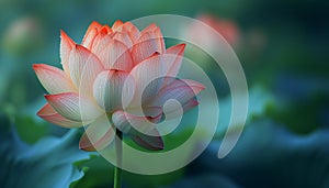 Close-up, lotus flower with gradient pink and orange petals, covered in dewdrops against a backdrop of green foliage