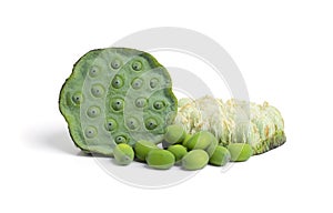 Close up of lotus seeds isolated on white background with clipping path