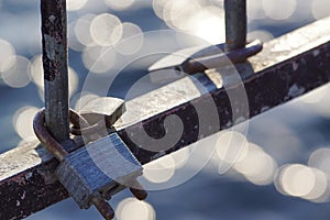 Close up of a lovelocks hanging on bridge against water