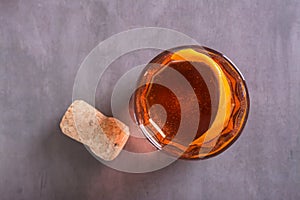 Close up of low alcohol cocktail Negroni Sbagliato with sparkling wine in glasses top view photo