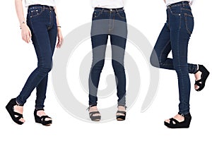 Close up lower body of beauty woman with fashion jeans and shoes. Trendy and New fashion concept. Isolated white background.