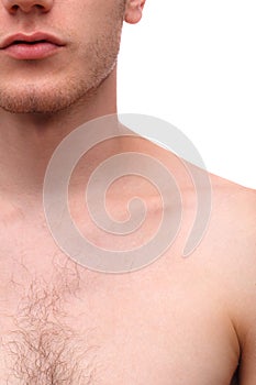 Close-up of the lower part of a man`s face. Isolated over white background