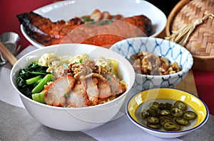 Close up Lunch Set of  Wanton Mee with Grilled Pork