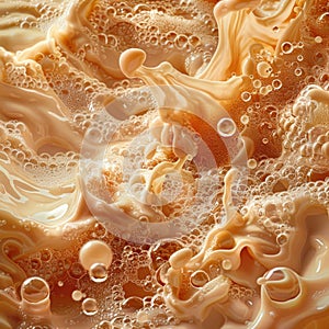 Close-up of luscious caramel liquid swirling and pooling on a sleek surface, capturing the mesmerizing dance of light