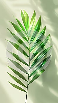 Close up of a lush green palm leaf on a bright white background