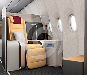 Close-up of luxurious business class seat with metallic silver partition.