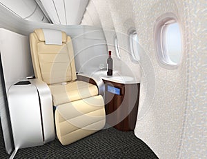 Close-up of luxurious business class seat with metallic silver partition. photo