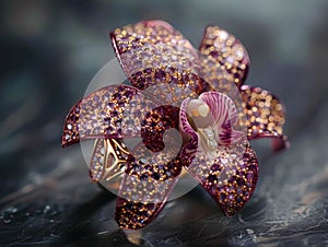 Close-Up Of A Luxurious Pink Ring In The Shape Of Orchid Flower