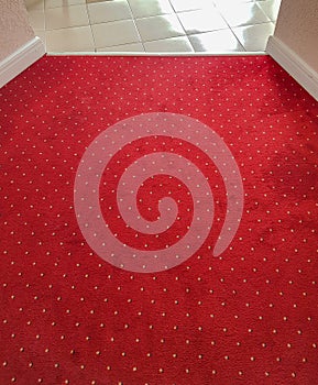 Close-up of the luxurious red carpet on the floor, the interior of the hotel corridor