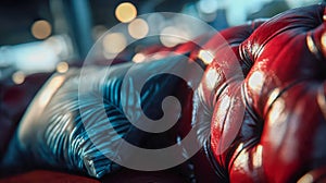 Close-up of a luxurious red leather sofa with a decorative blue cushion in soft ambient light