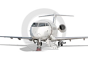 Close-up luxury business jet with an opened gangway door isolated on white background