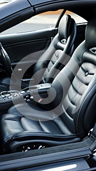 A close-up of a luxury car's center console reveals an array of buttons and controls set in a sleek black interior