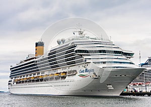Luxury cruise liner Costa Magica, the name of the ship is written on the starboard side, Port of Tallinn. Estonia