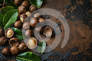 Close-Up of Macadamia Nuts Scattered on Dark Textured Background with Green Leaves for a Natural Look