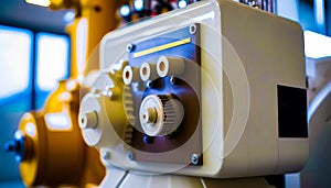 Close up of machine with yellow valve Generative AI.