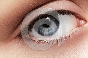 Close-up macro of beautiful female eye. Clean skin, fashion naturel make-up