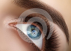 Close-up macro beautiful female eye with extreme long eyelashes. Lash design, natural health lashes. Clean vision photo