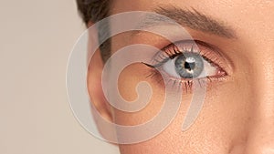 Close-up macro of a beautiful female eye with a perfect eyebrow shape. Clean skin, trendy natural makeup. Good vision