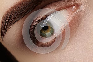 Close-up macro beautiful female eye with perfect shape eyebrows. Clean skin, fashion natural smoky make-up. Good vision