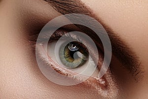Close-up macro beautiful female eye with perfect shape eyebrows. Clean skin, fashion natural smoky make-up. Good vision