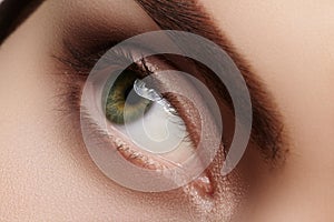 Close-up macro beautiful female eye with perfect shape eyebrows. Clean skin, fashion natural smoky make-up. Good vision