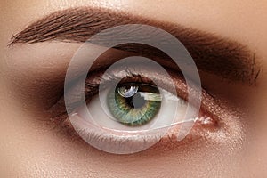 Close-up macro beautiful female eye with perfect shape eyebrows. Clean skin, fashion natural smoky make-up. Good vision