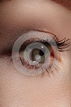 Close-up macro of beautiful female eye with perfect shape eyebrows. Clean skin, fashion naturel make-up. Good vision