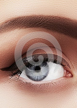 Close-up macro of beautiful female eye with perfect shape eyebrows. Clean skin, fashion naturel make-up. Good vision