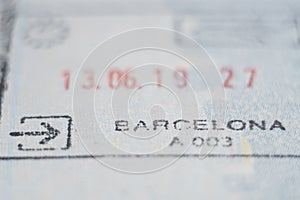 Close-up macro detail of Spanish European Union admission stamp