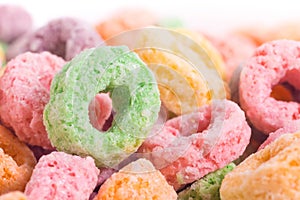 Close up or macro of Fruity and sugary cereal
