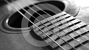 Close up macro on guitar strings black and white photo