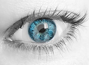 Close-up macro image of human eye with blue iris and desaturated skin