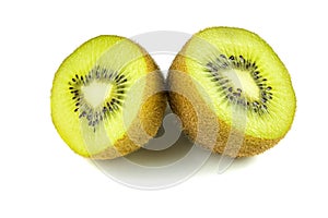 Close up macro kiwi fruit slices cut isolated on white background