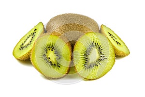 Close up macro kiwi fruit slices cut isolated on white background