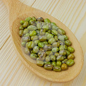 Close up,macro mung beans in  wooden spoon