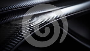 Close-up macro photo of dark, cool carbon fiber material on a red sports car\'s curves..