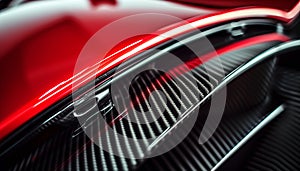 Close-up macro photo of dark, cool carbon fiber material on a red sports car\'s curves..