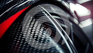 Close-up macro photo of dark, cool carbon fiber material on a red sports car\'s curves..