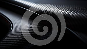 Close-up macro photo of dark, cool carbon fiber material on a red sports car\'s curves..