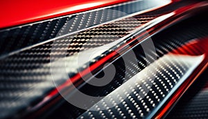 Close-up macro photo of dark, cool carbon fiber material on a red sports car\'s curves..