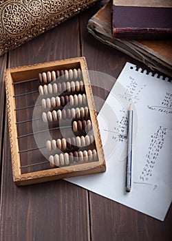 Close-up macro photo of vintage abacus for calculation.