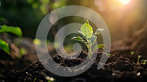 a close-up macro photo of a young green tree plant sprout growing up from the black soil, sunshine shinning a light. Growth new li