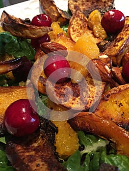 Close up macro shot of baked dish - sweet potato salad with nuts