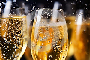 Close up macro shot of bubbles in a glass of champagne sparkling wine