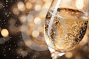 Close up macro shot of bubbles in a glass of champagne sparkling wine