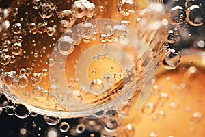 Close up macro shot of bubbles in a glass of champagne sparkling wine