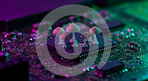 Mushrooms bloom on a glowing cyberpunk circuit board