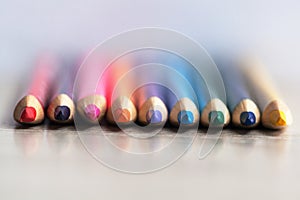 Close up macro shot of color pencil. Assortment of colored pencils. Colored Drawing Pencils