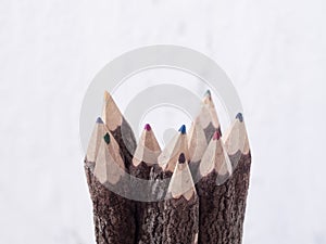 Close up macro shot of color pencils made of nature wood, select